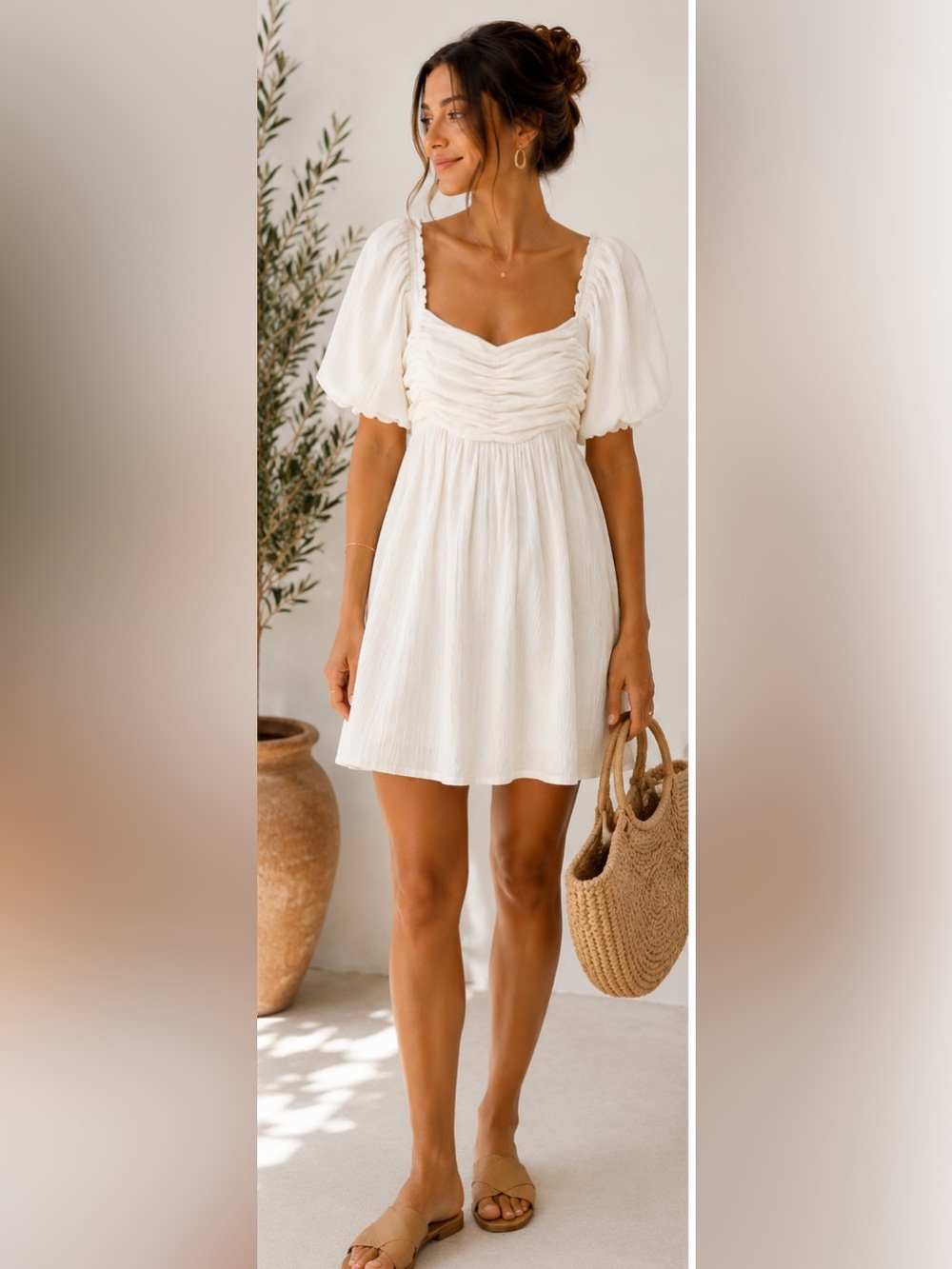 ☀️All in Favor Ivory Puff Sleeve Open Tie Back Babydoll Dress| Textured Mini | M